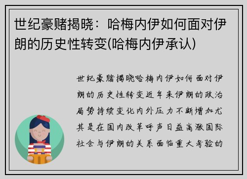 世纪豪赌揭晓：哈梅内伊如何面对伊朗的历史性转变(哈梅内伊承认)