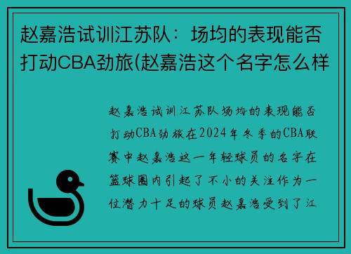 赵嘉浩试训江苏队：场均的表现能否打动CBA劲旅(赵嘉浩这个名字怎么样)